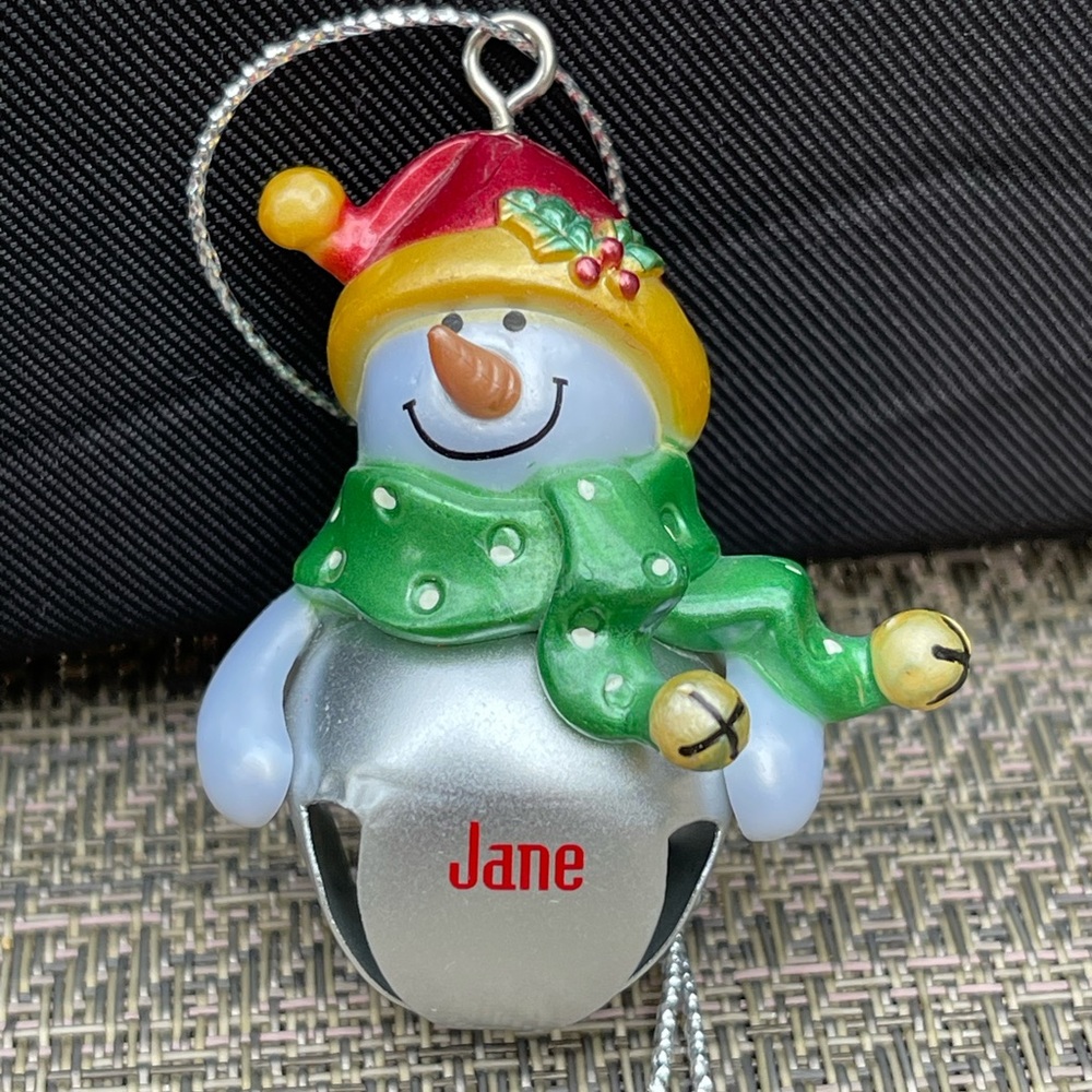 Jane Personalized Jingle Bell Snowman Ganz Christmas Ornament NWT
